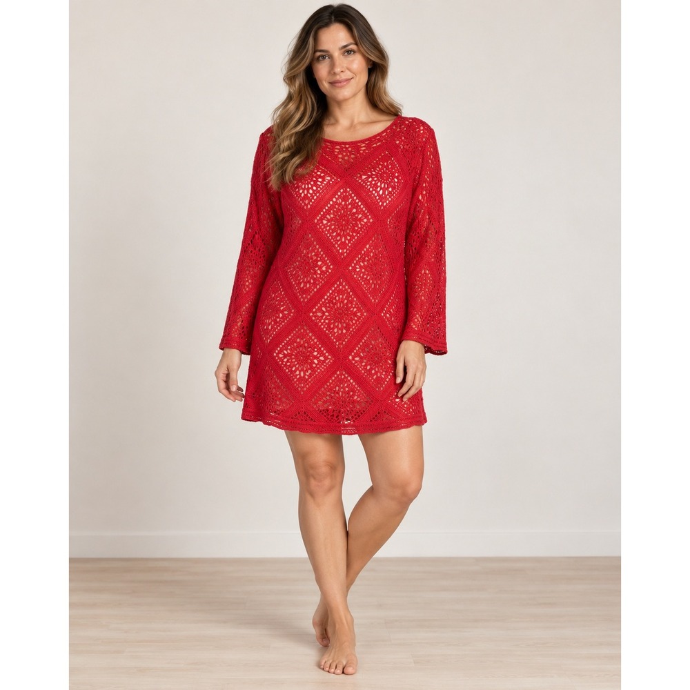 Red Crochet Mini Dress Cover Up XL Joie Sheer Boho Beach Resort